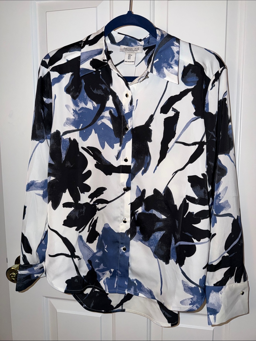 Rachel Zoe White Shirt with Blue & Black Floral Print- silk feel